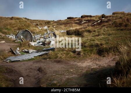 B-29 `Over Exposed` crash site, Glossop, England. The wreckage of the B-29 Superfortress stands as a memorial on the moors above Glossop, in the Peak Stock Photo